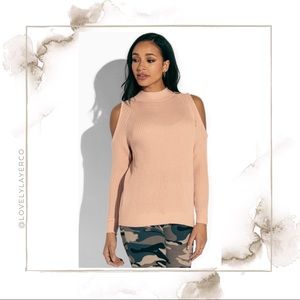Onetheland Mock Neck Cold Shoulder Sweater
